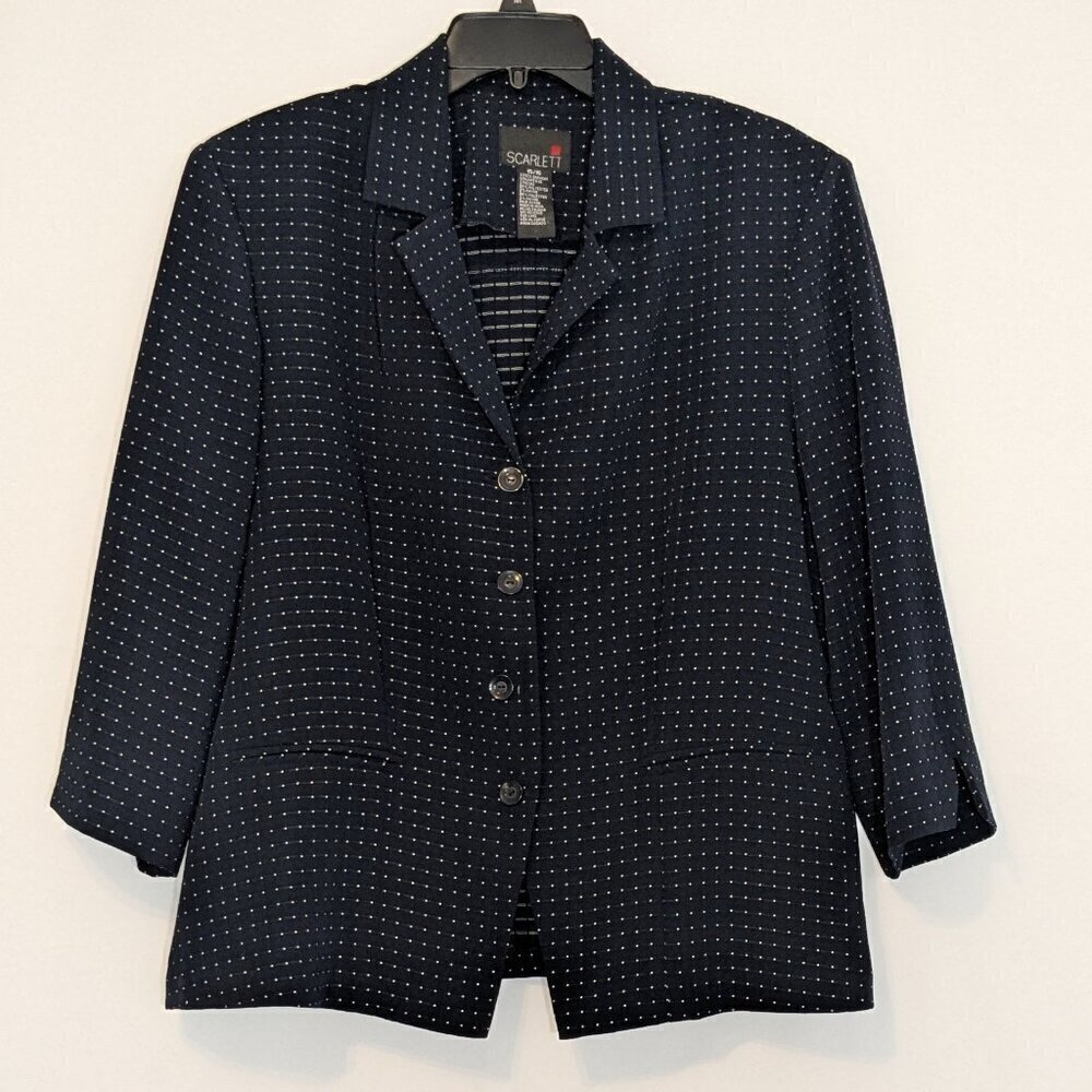 Vintage SCARLETT Dotted Navy Poly Knit Career Jacket Blazer; Size 15/16